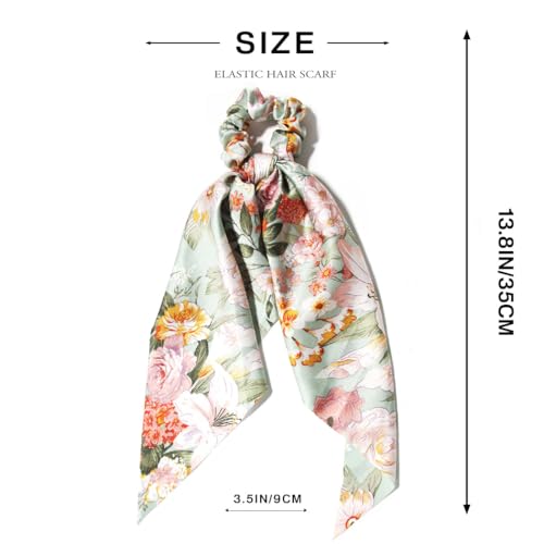 Boho Hair Scarf Scrunchies for Women Bow Hair Ties Floral Hair Scrunchies Silk Elastic Ponytail Holder Hair Accessories for Girls 4 pcs (Floral-2) - color: Floral-2
