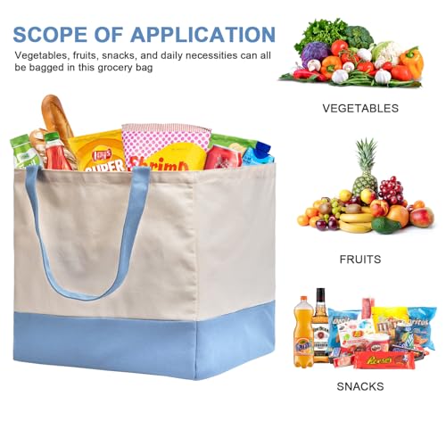 Reusable Grocery Bags Heavy Duty, 8.3 gal Foldable Large Canvas Tote Bag with Handles, Holds 60 lbs Canvas Shopping Bags, 1 Pack（Off White+Light Blue） - color: [A1] Off White / Light Blue, size: 1 Pack