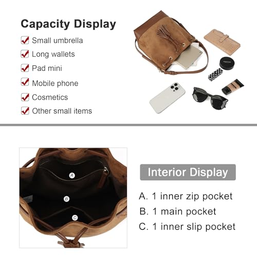 AFKOMST Faux Suede Bucket Bags and Drawstring Crossbody Purse for Women Medium Tote Handbags with 2 Shouder Straps | Fit Pad mini, Long Wallet, Removable Long Strap - color: Brown