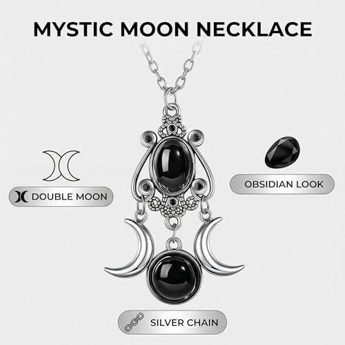 Gothic Vintage Gem Pendant Necklace | Victorian Style Filigree Silver-Tone Jewelry | Ideal Gift for Party Cosplay & Daily Wear - color: Black Triple Moon