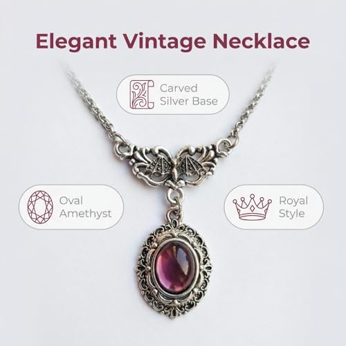 Gothic Vintage Gem Pendant Necklace | Victorian Style Filigree Silver-Tone Jewelry | Ideal Gift for Party Cosplay & Daily Wear - color: Purple