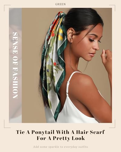 AWAYTR 35” Satin Head Scarf for Women Like Silk Scarf Hair Bandanas Women Large Square Neck Scarf Headscarf Head Wrap - color: Green