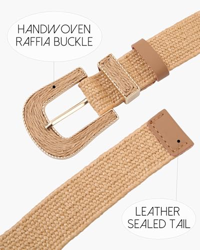 AWAYTR Womens Boho Woven Belt - Easy Care Plastic Elastic Belt with Handmade Raffia Buckle for Daily Vacation Work - color: Khaki, size: Fit Waist 26''-31''