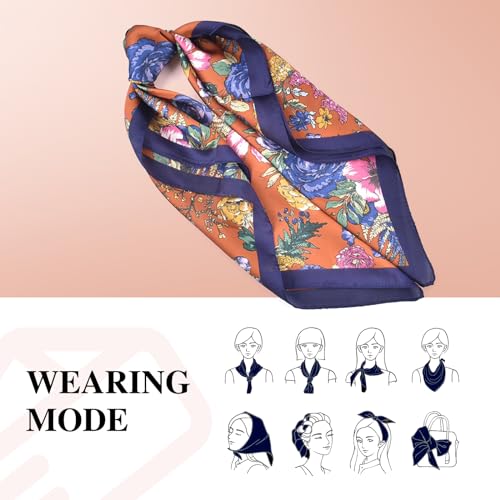 27.5 Inches Silk Head Scarf for Women Satin Hair Scarf Silk Wrap Neck Square Scarves Feeling Scarf Boho Headwear - color: Navy Blue-rose