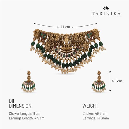 TARINIKA Brass Indian Choker Necklace Set - Gold Plated Cubic Zirconia Indian Jewelry Sets for Women Dangle, Drop, Jhumka Earrings Traditional Desi Necklace Pearls Gift for her - style: Sreeja Antique