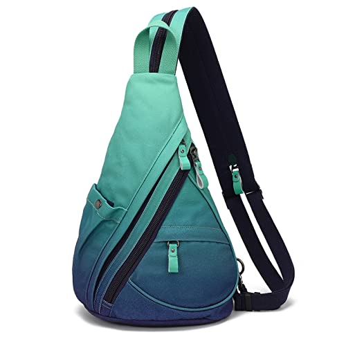 KL928 Canvas Sling Bag - Small Crossbody Backpack Shoulder Casual Daypack Rucksack for Men Women(Large Version,Blue+GrayishGreen) - color: Canvas-blue+grayishgreen