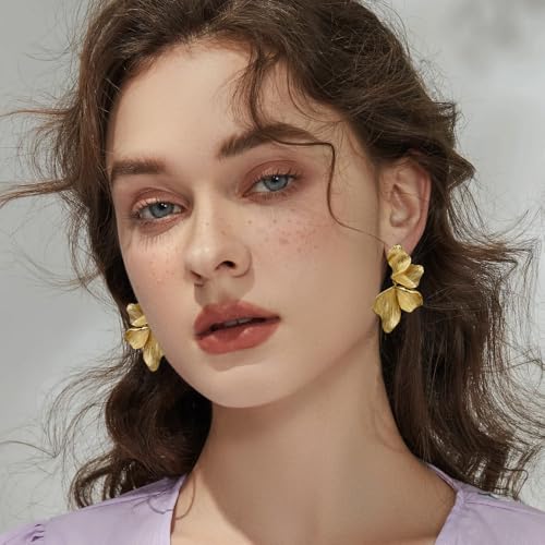 Gold Statement Earrings For Women 18K Gold Plated Sectored Flower Leaf Shell Angel Wing Earring Large Stud Earrings Hypoallergenic Stud - color: Flower Leaf Earrings