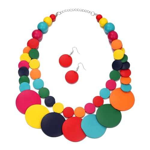 Chunky Wood Beaded Necklace Earrings Set African Tribal Collar Choker Necklace Geometric Ethnic Statement Jewelry - color: colorful