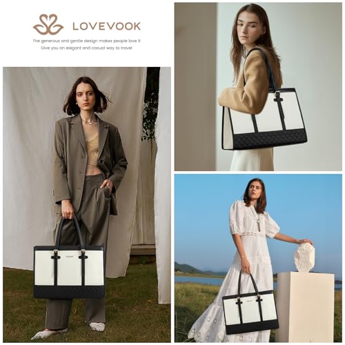 LOVEVOOK Women's Canvas Laptop Tote, 17.3 inch, Large Capacity Work Bag with Clutch Purse, Computer Bag Office Business Briefcase, Casual Handbag for Travel College Teacher School - color: A-black & White, size: 17.3 inch