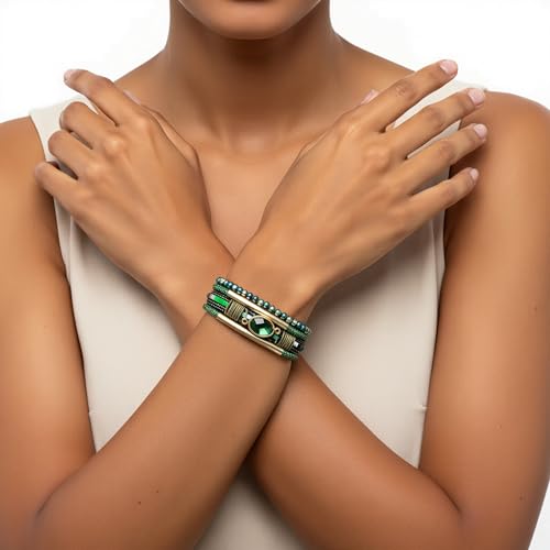 Edoneery Leather Wrap Bracelet for Women, Boho Handmade Multi-Layer Cuff with Crystal Beads Heart, Stackable Bangle Western Jewelry Gift - style: Crystal(Green)