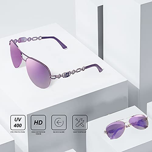 FONHCOO Aviator Sunglasses for Women Men Metal Frame UV400 Mirrored Sunglasses - color: Purple