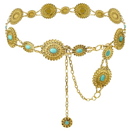 Women's Concho Chain Belt Western Cowgirl Metal Waist Chain Belt for Dress - color: E Turquoise Gold, size: XL: 59 in