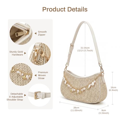 CHUNLI Straw Shoulder Bag for Women, Boho Woven Raffia Hobo Purse with Charm Chain, Adjustable Strap Summer Beach Vacation