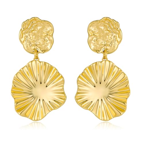 Gold Statement Earrings For Women 18K Gold Plated Sectored Flower Leaf Shell Angel Wing Earring Large Stud Earrings Hypoallergenic Stud - color: Leaf Dangle Earrings
