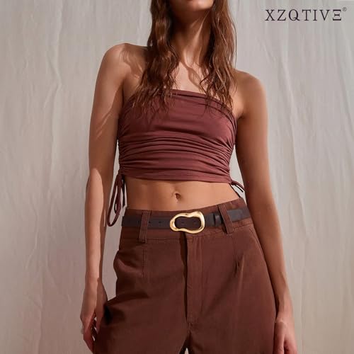 XZQTIVE Leather Belts for Women Casual Fashion Waist Belt for Jeans Pants Dresses with Unique Liquid Shapes Gold Buckle - color: Coffee, size: Fit Waist 36-43in