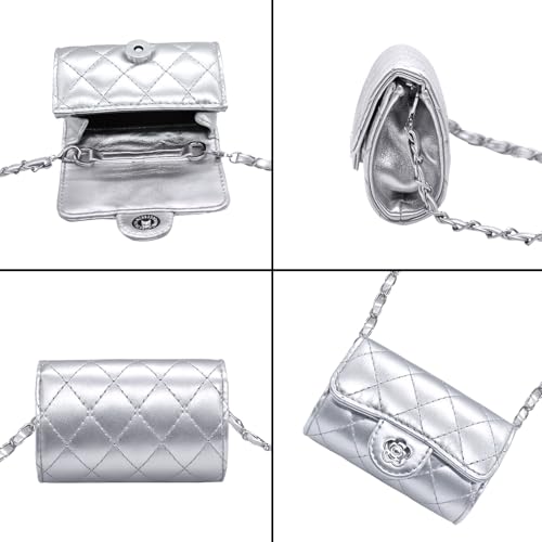 YAMEIZE Mini PU Leather Chain Belt Bag for Women Quilted Waist Purse Crossbody Fanny Pack Detachable Belt Chain - color: Silver - Mini (4.7x2.7 Inch)