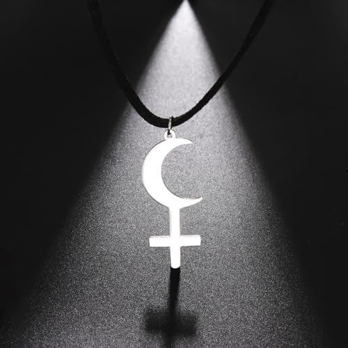 EUEAVAN Black Moon Lilith Goddess Symbol Necklace for Women Gothic Lilith Goddess Seal Astrology Crescent Moon Cross Pendant Pagan Jewelry Wiccan Gifts Lucifer's Symbol Men - color: lilith silver