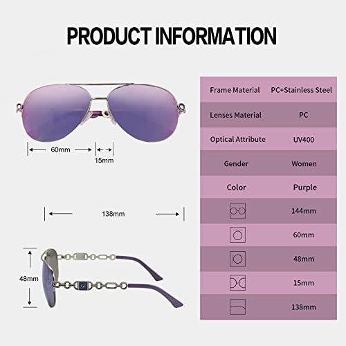 FONHCOO Aviator Sunglasses for Women Men Metal Frame UV400 Mirrored Sunglasses - color: Purple