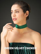 3-Pack Chokers — Velvet (1.5") + Leather (0.6") + Heart Pendant, Adjustable 12–18", Stainless Steel Hardware, 90s/Goth Layering Set — Black | Red | Green | White - color: Green