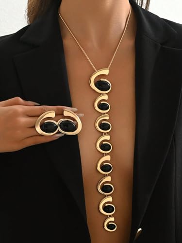 Gold Jewelry Set, Silver Black Boho Western Chunky Vintage Pendant Necklace Stack Trendy Adjustable Non Tarnish Cowgirl Dainty Hypoallergenic Earrings Jewelry Sets For Women - color: GoldSet-long