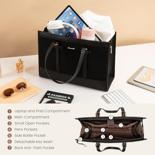 LOVEVOOK Laptop Bag for Women 17.3 inch Canvas Laptop Tote Bag, Large Capacity Work Bag with Clutch Purse, Computer Bag Office Business Briefcase, Casual Handbag for Travel College Teacher School - color: A-black, size: 17.3 inch