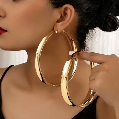 Chunky Gold Silver Hoop Earrings for Women Wide Flat Huggie Hoops Dangle Earrings Big Large Punk Smooth Surface Statement Earrings Fashion Jewelry - color: B Gold