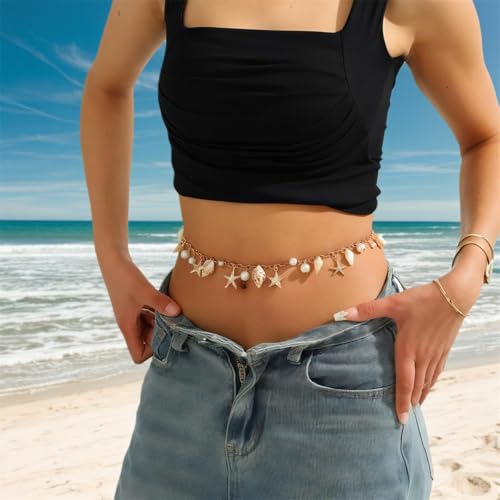 Seashell Starfish Waist Chain for Women Boho Conch Belly Body Chains Summer Beach Pearl Waist Body Jewelry