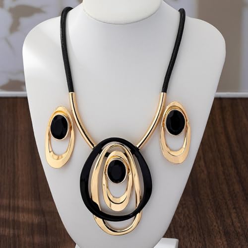 Gold Jewelry Set, Silver Black Boho Western Chunky Vintage Pendant Necklace Stack Trendy Adjustable Non Tarnish Cowgirl Dainty Hypoallergenic Earrings Jewelry Sets For Women - color: T-Gold black set