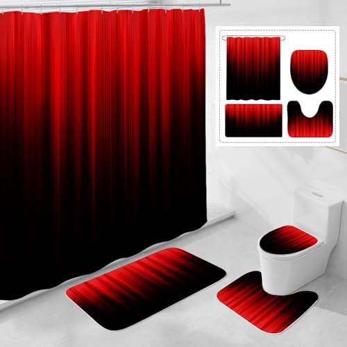 Litabel 4 Pcs Red and Black Gradient Shower Curtain Set with Rugs and Toilet Lid Cover, Modern Simple Waterproof Fabric Bathroom Set, Ombre Stripe Gothic Abstract Bathroom Decor Set Accessories - color: Red