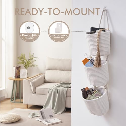Fabric Wall Hanging Organizers - Small Woven Baskets Pouches Set Boho Style Wall Mounted Bag with Adhesive Hook, Storage Decoration Pocket Caddy for Closet Playroom RV Nursery (White & White) - color: White & White