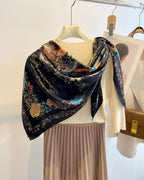 100% Pure Mulberry Silk Scarf 43”*43” Large Square Lightweight Headscarf Women’s Hair Wraps Shawls with Gift Packed - color: Black Flower
