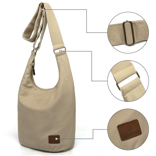 Coton Pose Women Hippie Crossbody Bag - Top Zip Large Capacity Canvas Sling Bag - Jacquard Cloth Handmade - color: Tan Beige