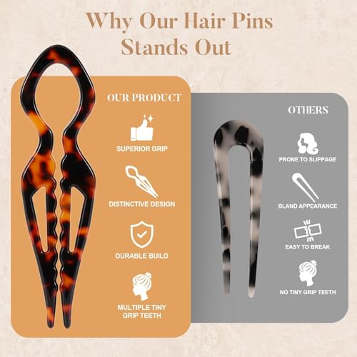 4PCS Prestige French Hair Pins for Women - 4.33” Large Tortoise Shell Hair Pin for Updos Chignons & Buns-Acetate French Twist Pin, Strong Hold Hair Clips All-Day, Hair Styling for Thick Hair - color: Tortoise Shell-A