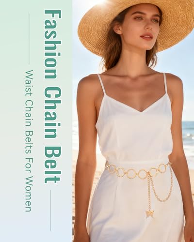 AWAYTR Cute Chain Belts for Women - Metal Waist Chain Belt for Dresses Jeans Country Concert Outfit - color: Gold-circle