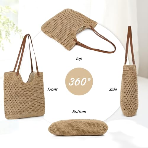 Oweisong Beach Bags for Women Woven Crochet Summer Purse 2026 | Boho Tote Bag, 13.8" Large Capacity, Tote Bag with Zipper, Foldable Packable, Beach Shipping, Vacation Purse - color: Brown