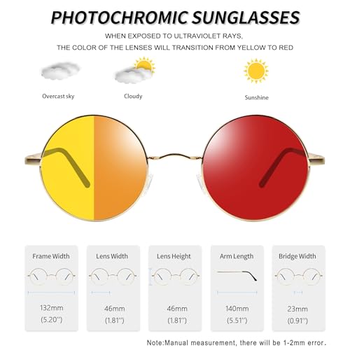 Joopin Retro Small Round Sunglasses Hippie Circle Sun Glasses Polarized UV400 Protection Metal Shades for Men Women - color: Golden Frame Yellow Change Red Lens