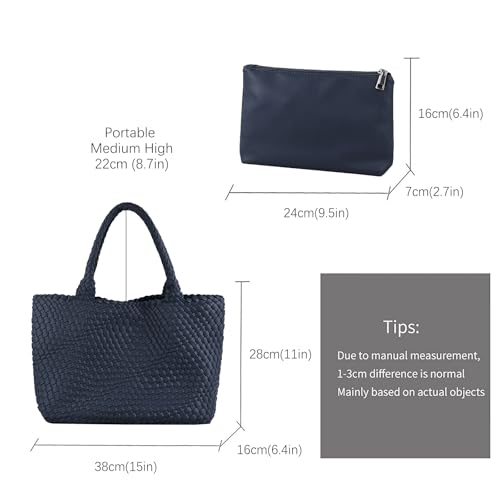 Handmade Woven Bag Satchel Handbag For Women Vegan Leather Tote Bag With Purses Travel Shoulder Bag Underarm Bag - color: Navy Blue