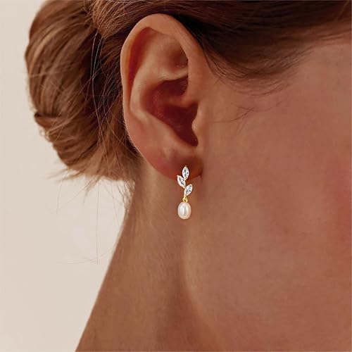 Hayopi Pearl Earrings for Women - Dainty Gold Dangle Drop Earrings, 14k Gold Plated Cute Bow Design, Hypoallergenic Pearl Studs, Wedding Jewelry Gifts - color: GOLD-pearl cz earrings