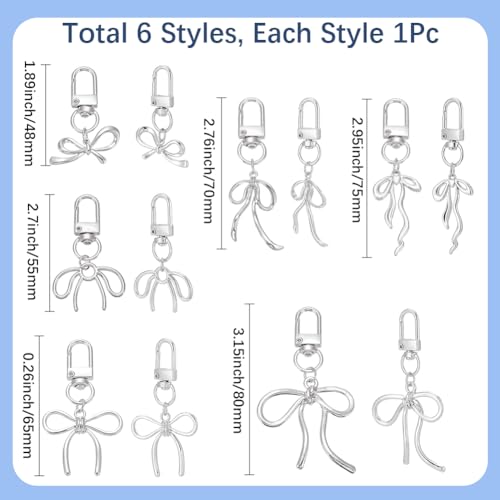 1 Box 6 Styles 6 Pcs Silver Bow Purse Charms Silver Bow Keychains Cute Alloy Elegant Bling Car Keys Decor Bowknot Key Chain Charms for Purse Handbag Backpack Gift Supplies Women Accessories - color: Silver