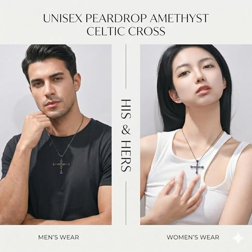 Gothic Black Cross Necklace for Men Women, Purple Teardrop Cubic Zirconia Pendant, Vintage Y2K Dark Aesthetic Jewelry, Unique Easter Gifts