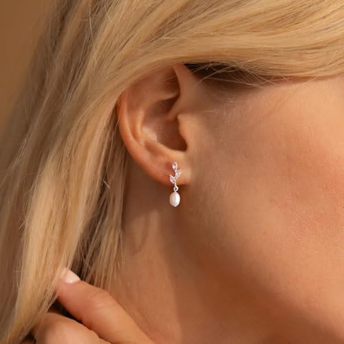 Hayopi Pearl Earrings for Women - Dainty Gold Dangle Drop Earrings, 14k Gold Plated Cute Bow Design, Hypoallergenic Pearl Studs, Wedding Jewelry Gifts - color: SILVER-silver CZ