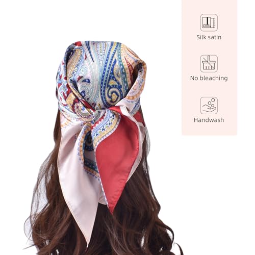 27.5 Inches Silk Head Scarf for Women Satin Hair Scarf Silk Wrap Neck Square Scarves Feeling Scarf Boho Headwear - color: Red-peacock