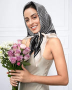 AWAYTR 35” Satin Head Scarf for Women Like Silk Scarf Hair Bandanas Women Large Square Neck Scarf Headscarf Head Wrap - color: Plaid - White + Black
