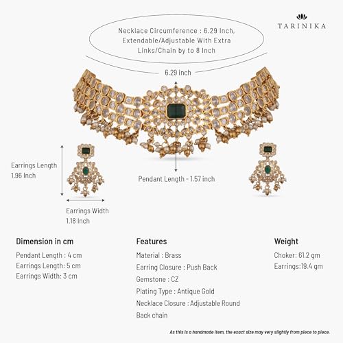 TARINIKA Brass Indian Choker Necklace Set - Gold Plated Cubic Zirconia Indian Jewelry Sets for Women Dangle, Drop, Jhumka Earrings Traditional Desi Necklace Pearls Gift for her - style: Ethnic