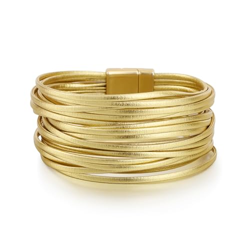 Edoneery Leather Wrap Bracelet for Women, Boho Handmade Multi-Layer Cuff with Crystal Beads Heart, Stackable Bangle Western Jewelry Gift - style: String Leather(Gold)