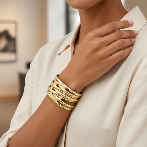 Edoneery Leather Wrap Bracelet for Women, Boho Handmade Multi-Layer Cuff with Crystal Beads Heart, Stackable Bangle Western Jewelry Gift - style: Circle PU(Gold)1