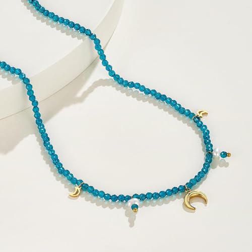 KissYan Beaded Choker Necklace for Women, Colorful Natural Gemstones Pearl Choker 14K Gold Plated Pendant Healing Crystal Necklace Handmade Stone Jewelry Gift - color: M-Moon