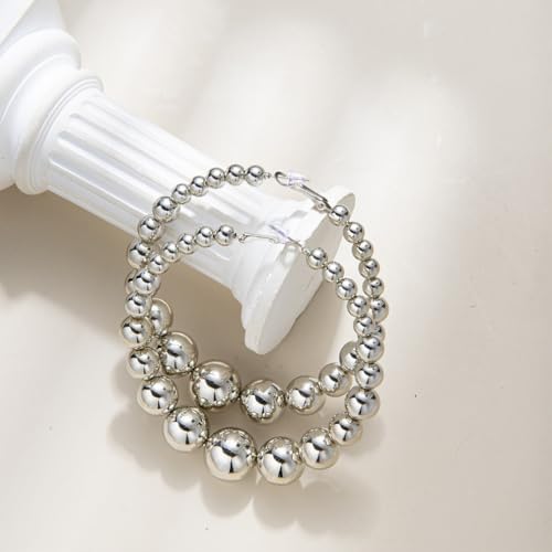 Chunky Gold Beaded Hoop Earrings for Women Vintage Large Circle Balls Beads Dangling Hoops Earring Exaggerated Big Round Ball Jewelry Formal Accessories - color: Silver