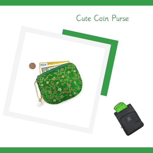 Handmade Women Coin Purse Rosary Pouch Silk Jewelry Bag Brocade Zipper Wallet - Green - color: Green