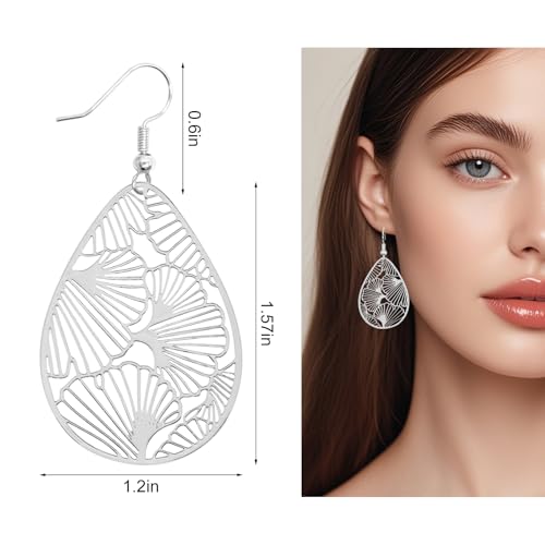 Teardrop Earrings for Women, 14K Plated Dangle Earrings Handmade Filigree Teardrop Dangling Earrings Ginkgo Hypoallergenic 925 Sterling Leaf Earrings for women - color: Maple Leaf Silver